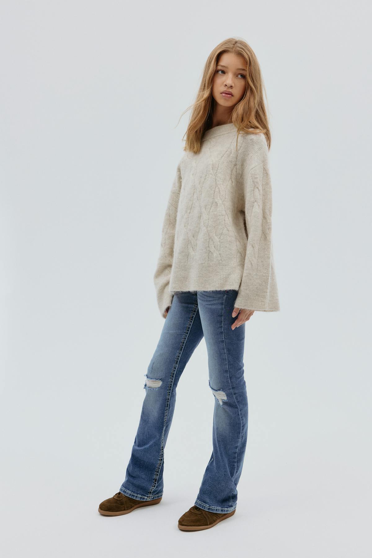 Y cable knitted sweater - Oat melange