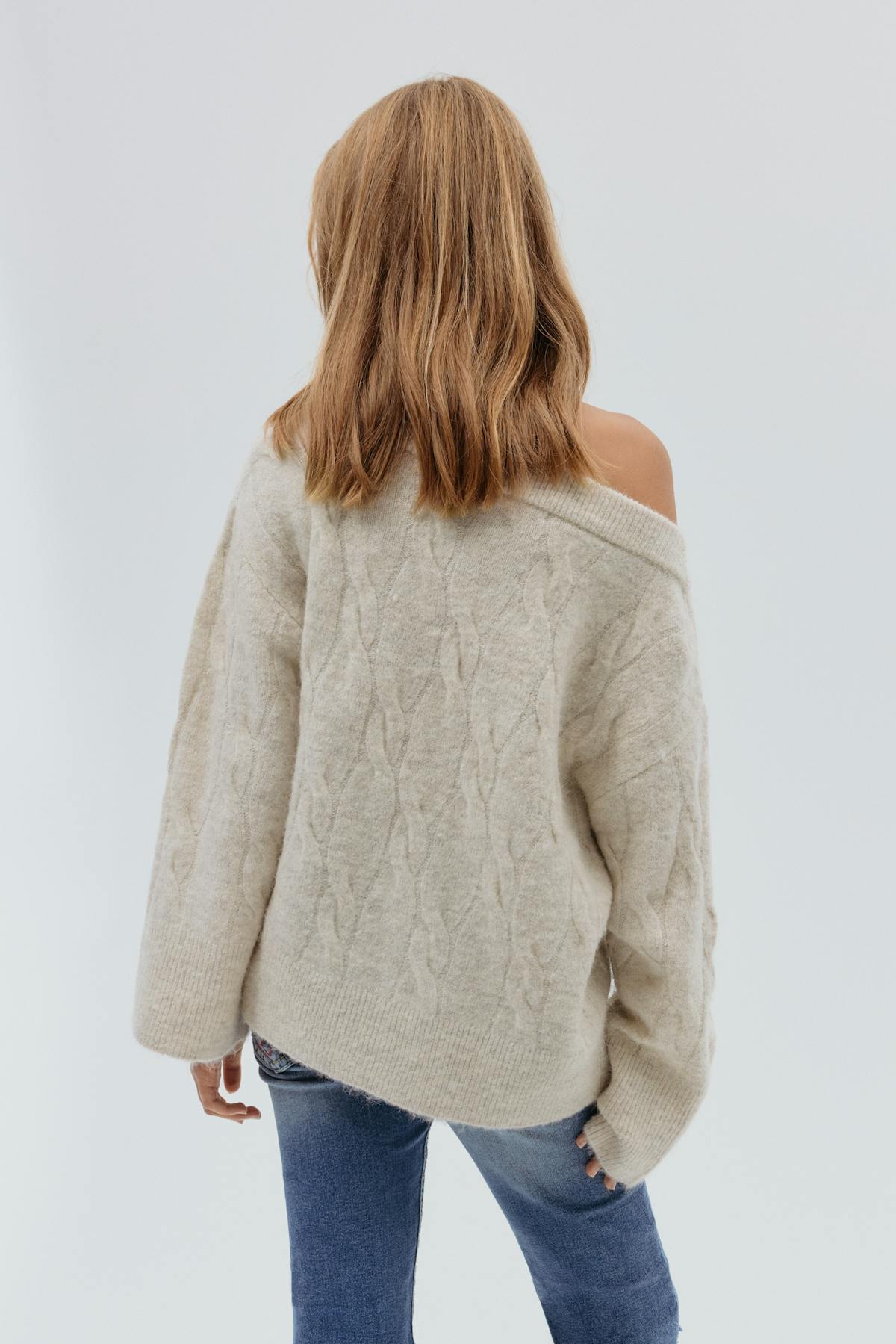 Y cable knitted sweater - Oat melange