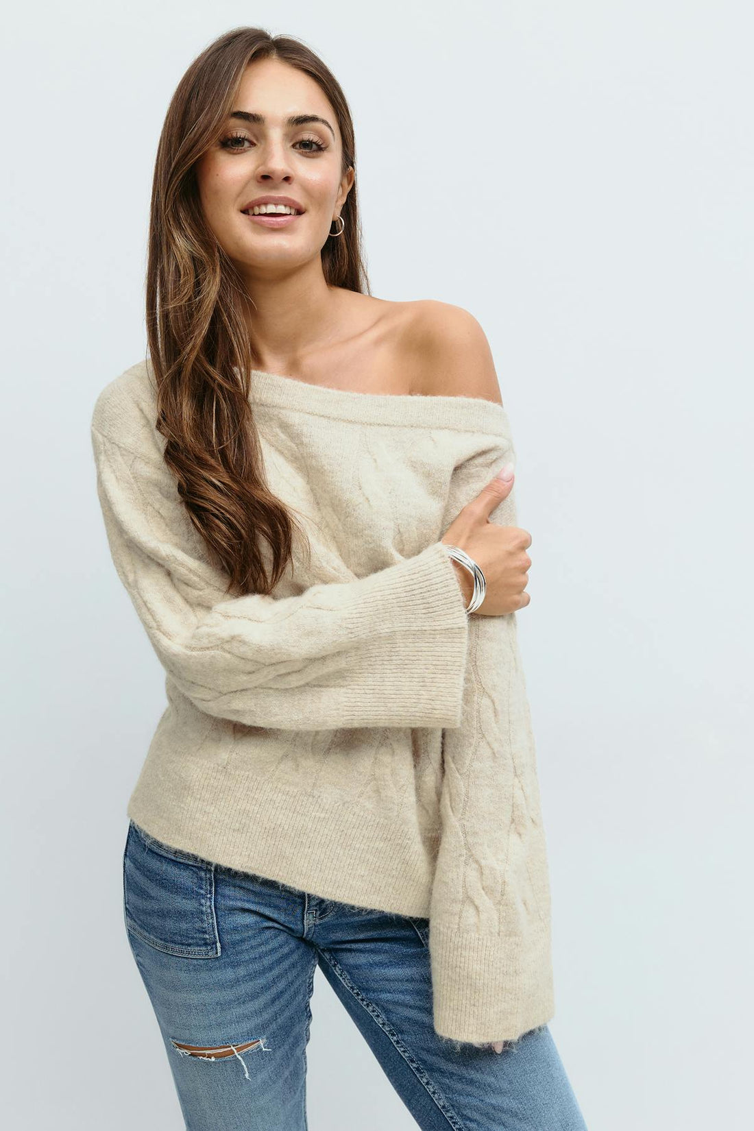 14+ cable knitted sweater - Oat melange