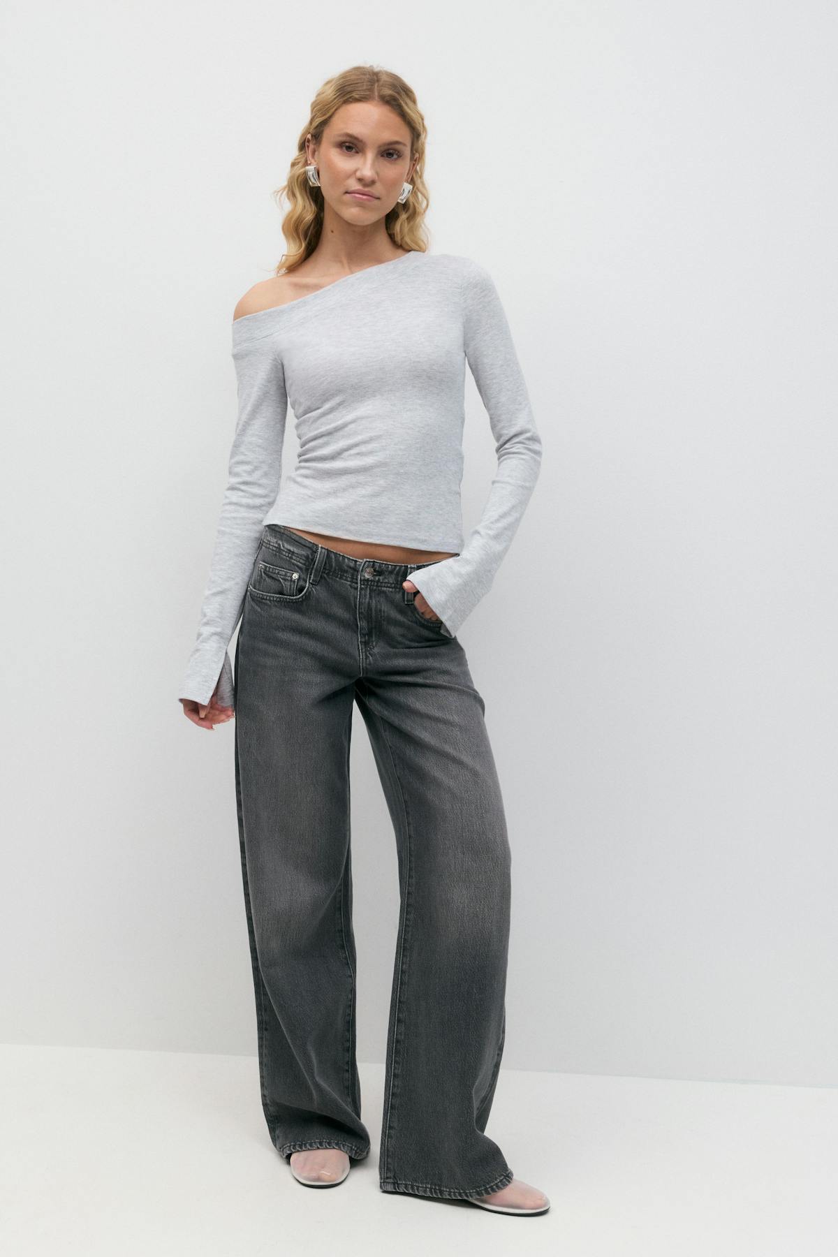 Sloped shoulder top - Grey melange