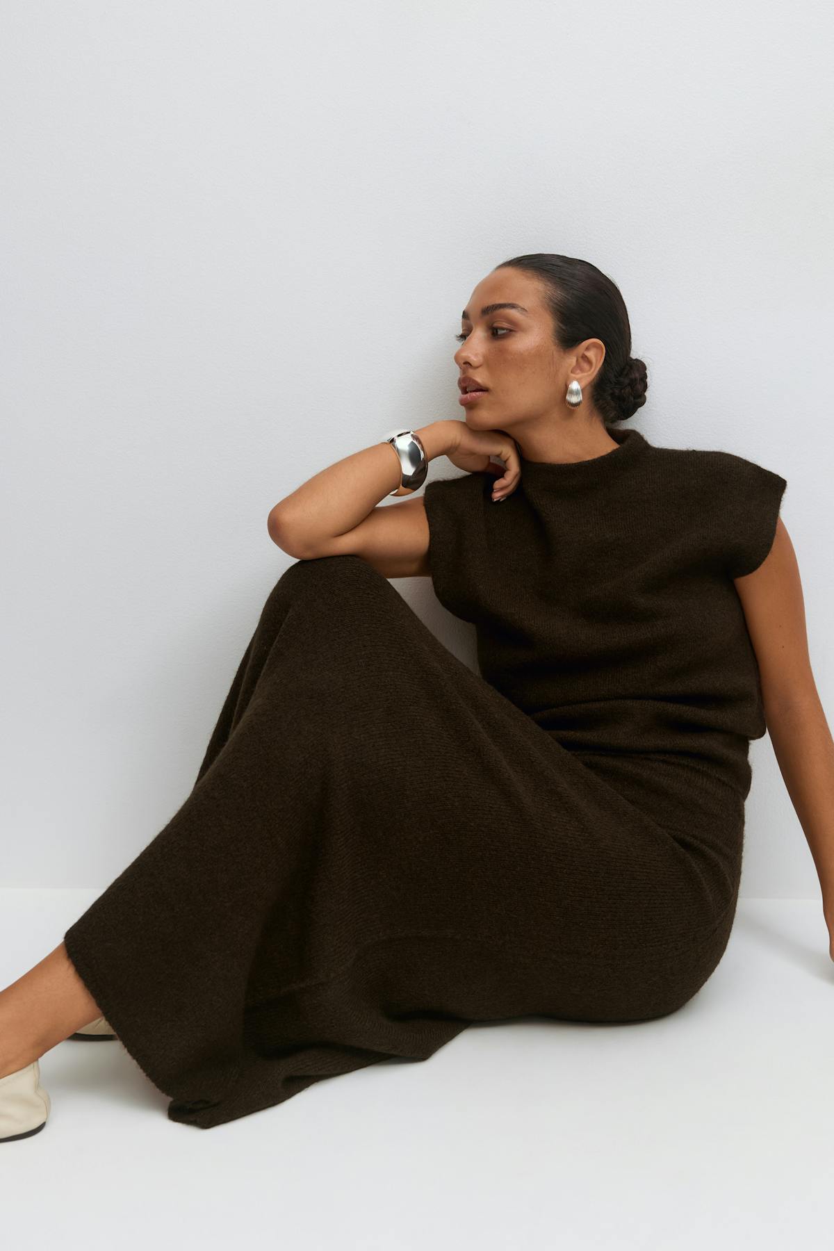Wide knitted skirt - Chocolate brown