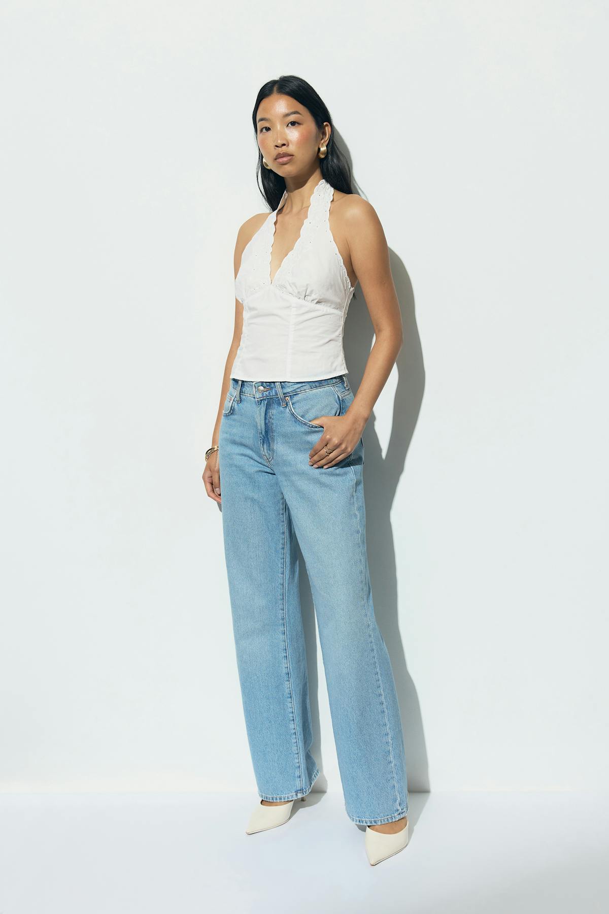 Embroidery halter neck top - Blanc cassé