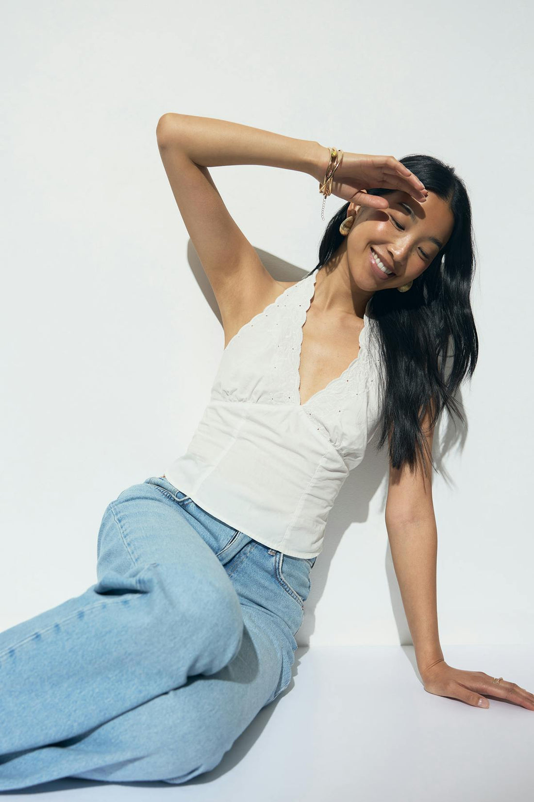 Embroidery halter neck top - Blanc cassé