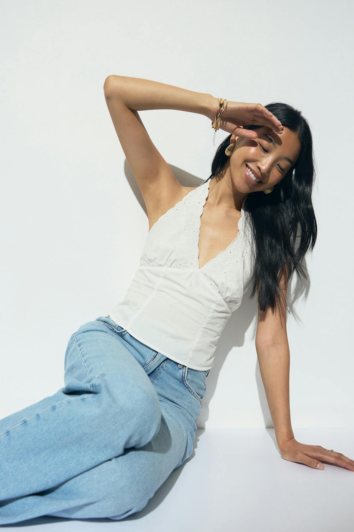 Embroidery halter neck top - Blanc cassé