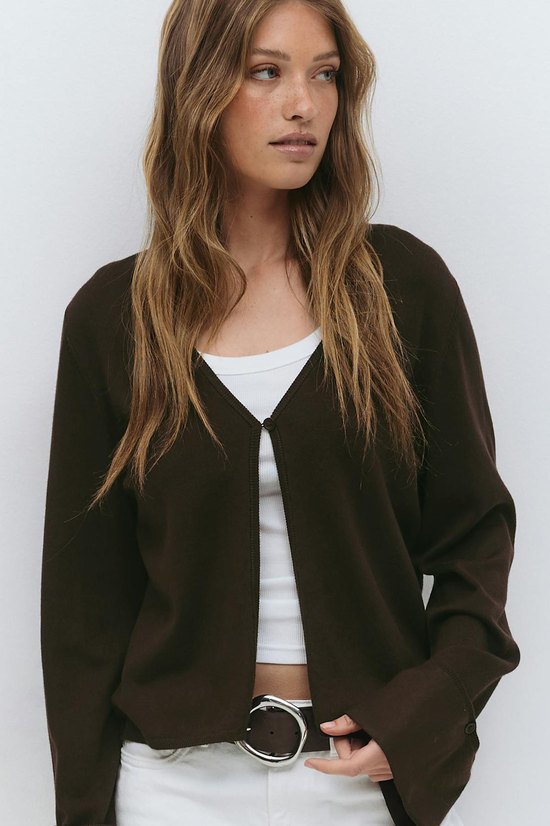 Folded sleeve knitted cardigan - Seal brown