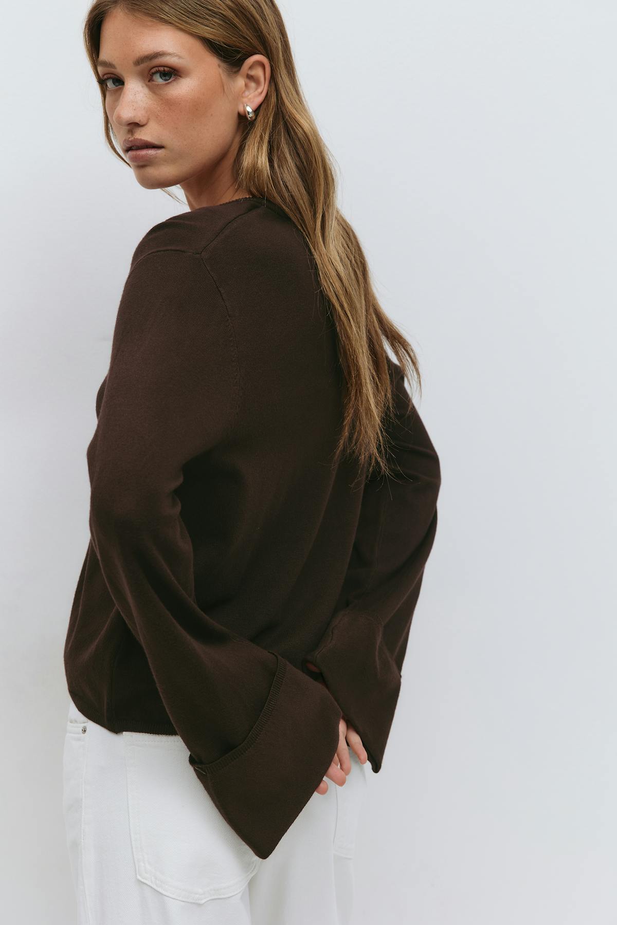 Folded sleeve knitted cardigan - Seal brown