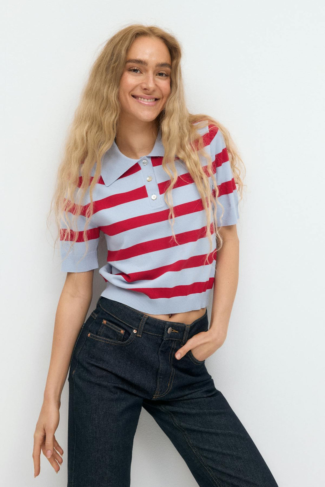 Short sleeve knit collar top - Stripe