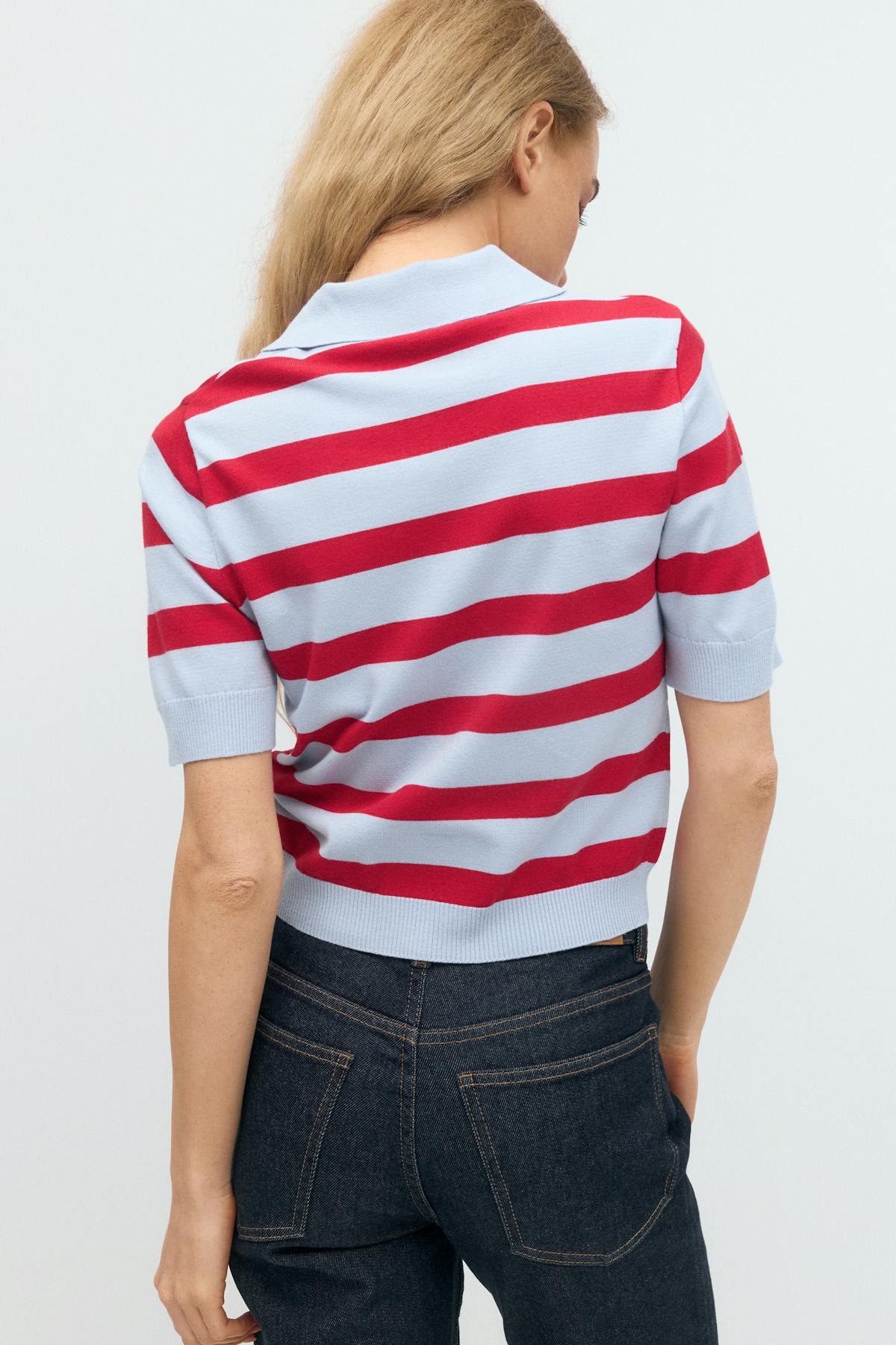 Short sleeve knit collar top - Stripe