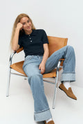 Short sleeve knit collar top - Stripe