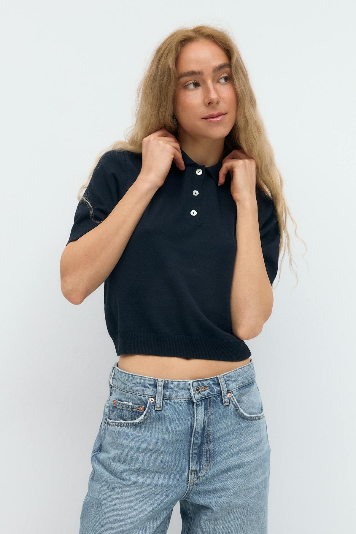 Short sleeve knit collar top - Navy blazer