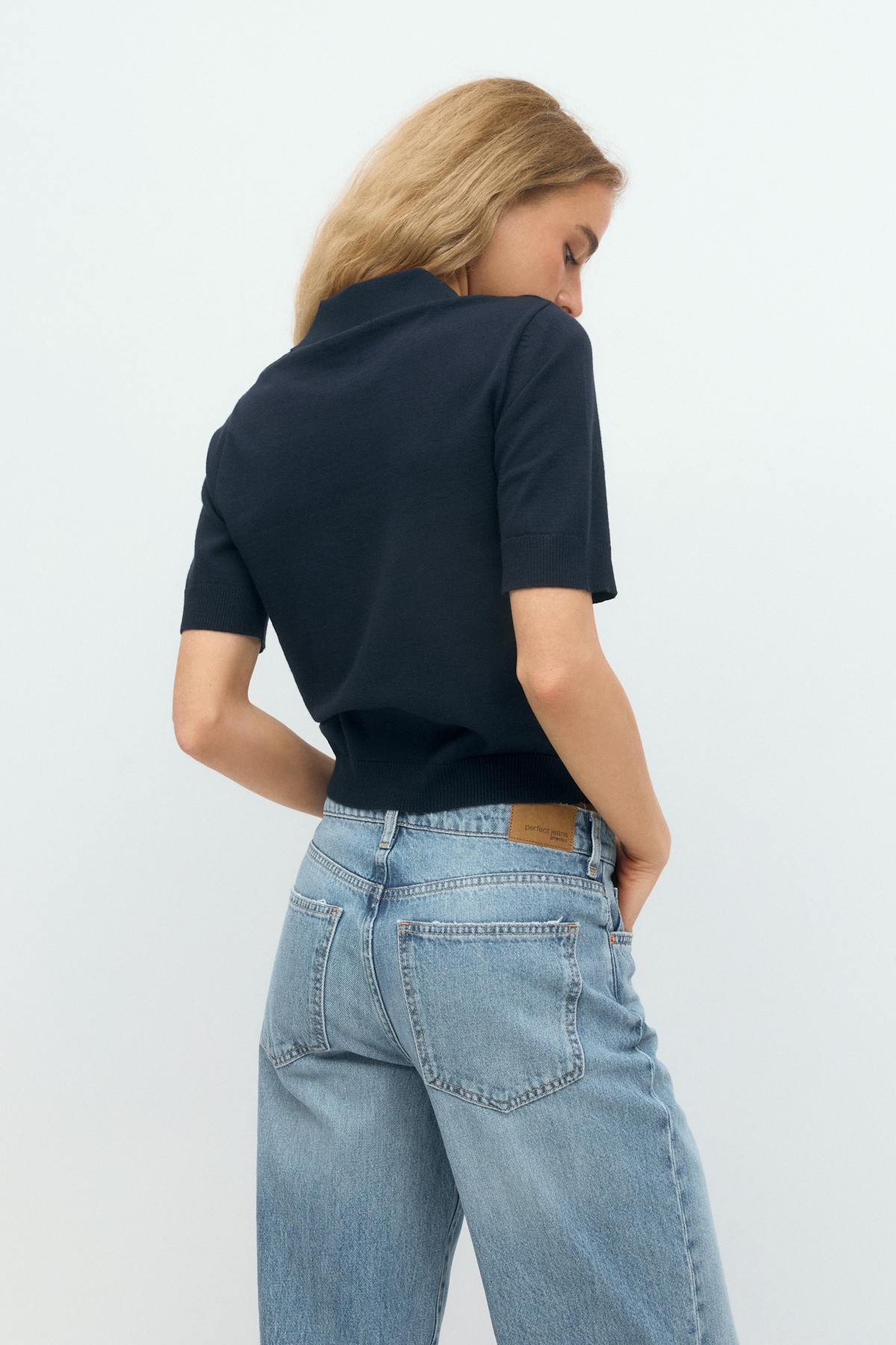 Short sleeve knit collar top - Navy blazer