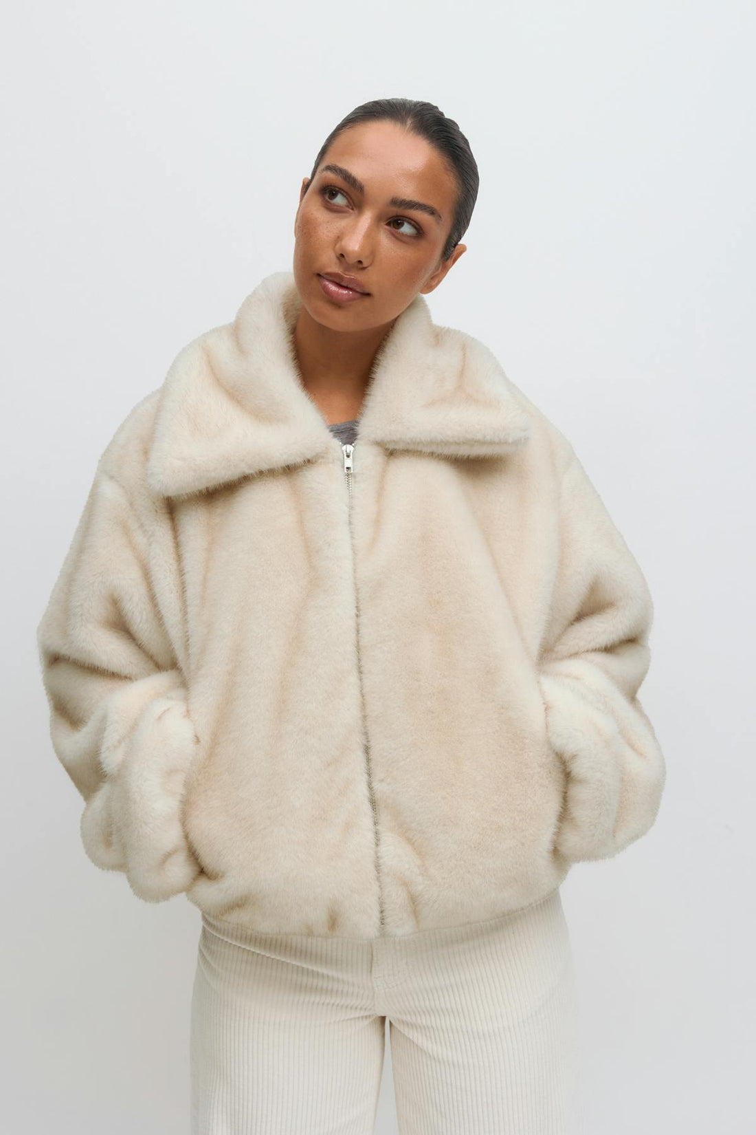Faux fur collar jacket - Crème