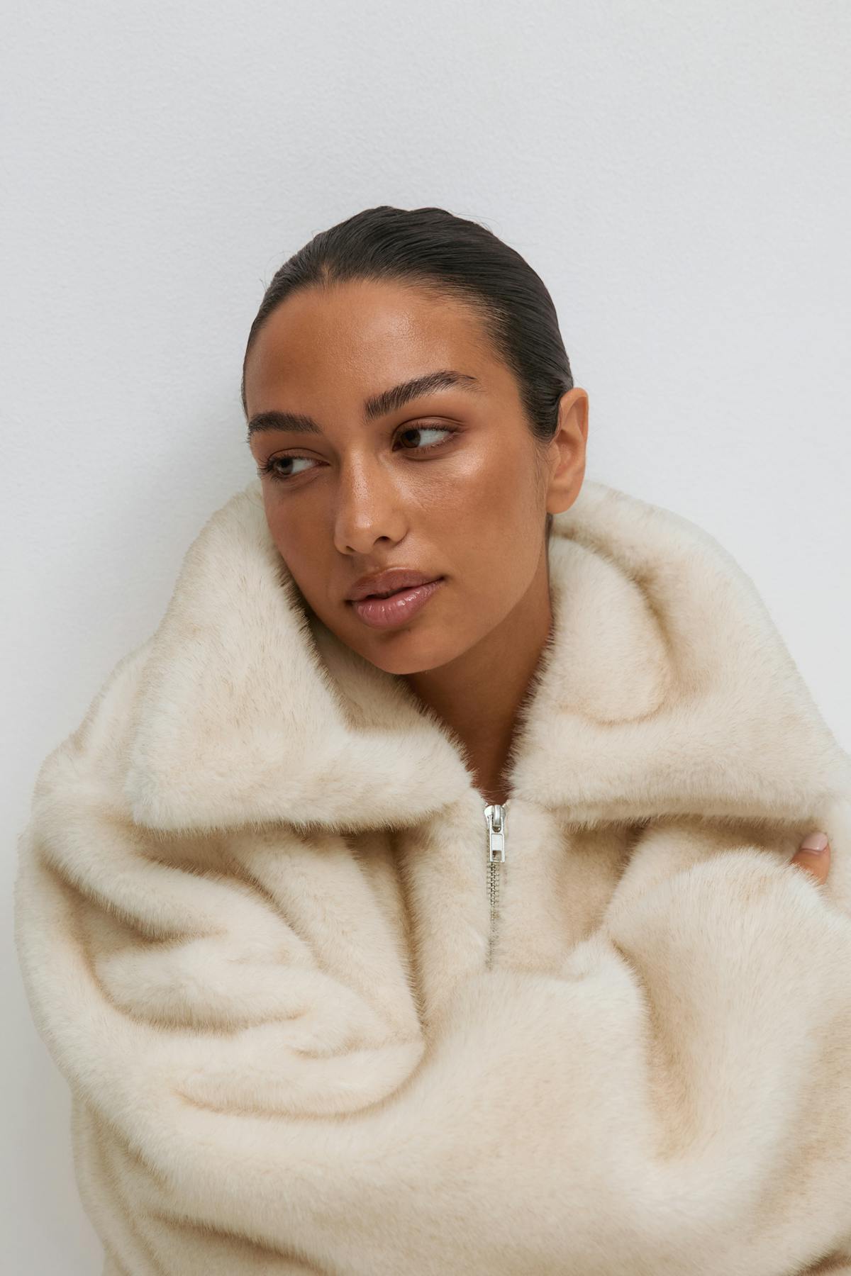 Faux fur collar jacket - Crème
