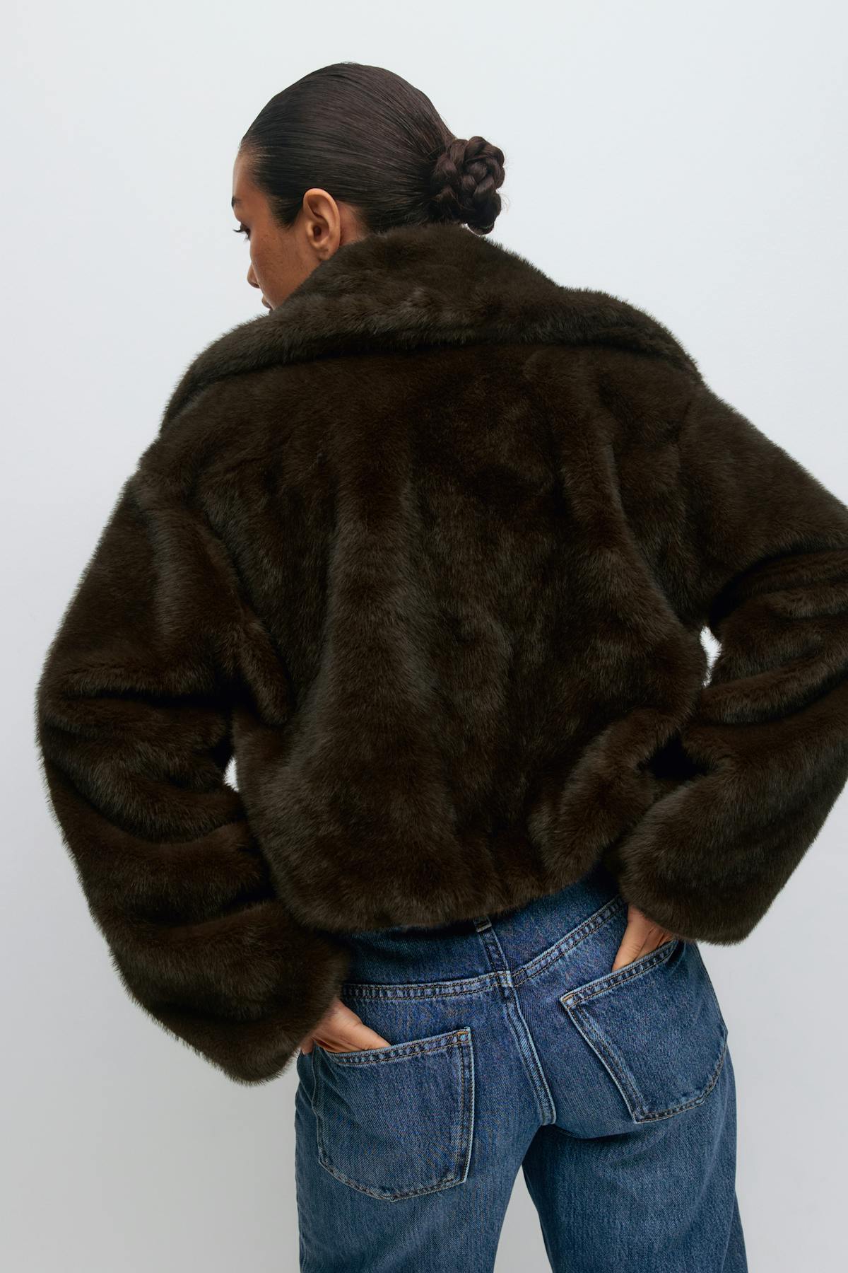 Faux fur collar jacket - Marron foncé