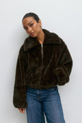 Faux fur collar jacket - Marron foncé