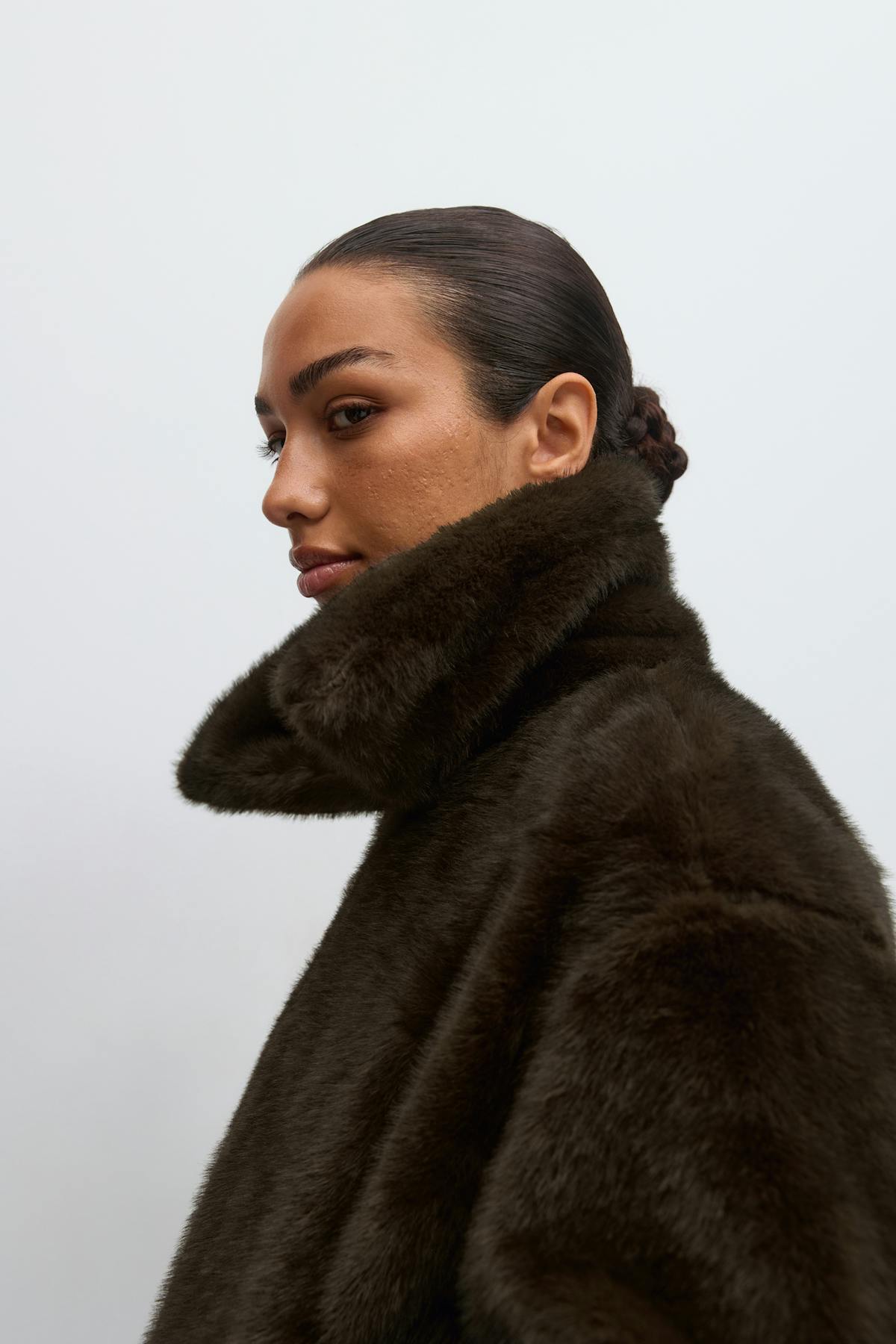 Faux fur collar jacket - Marron foncé