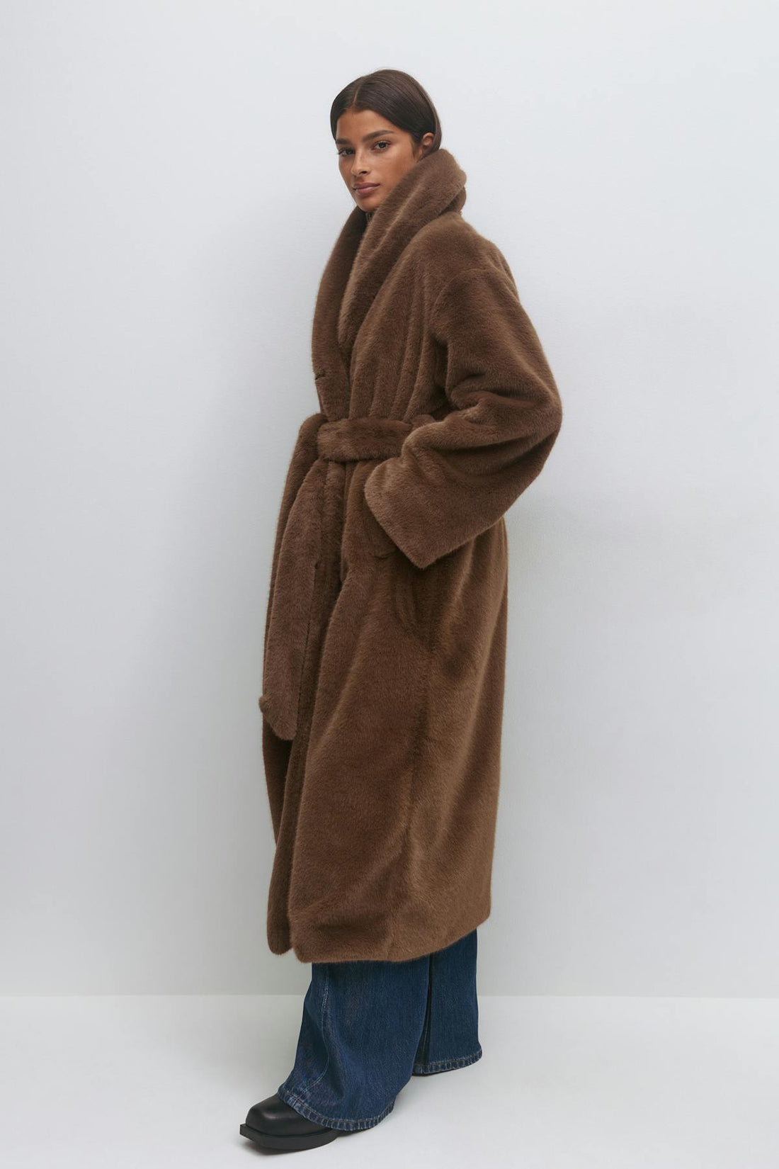 Faux fur belted long coat - Soft brown
