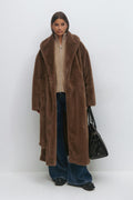 Faux fur belted long coat - Soft brown