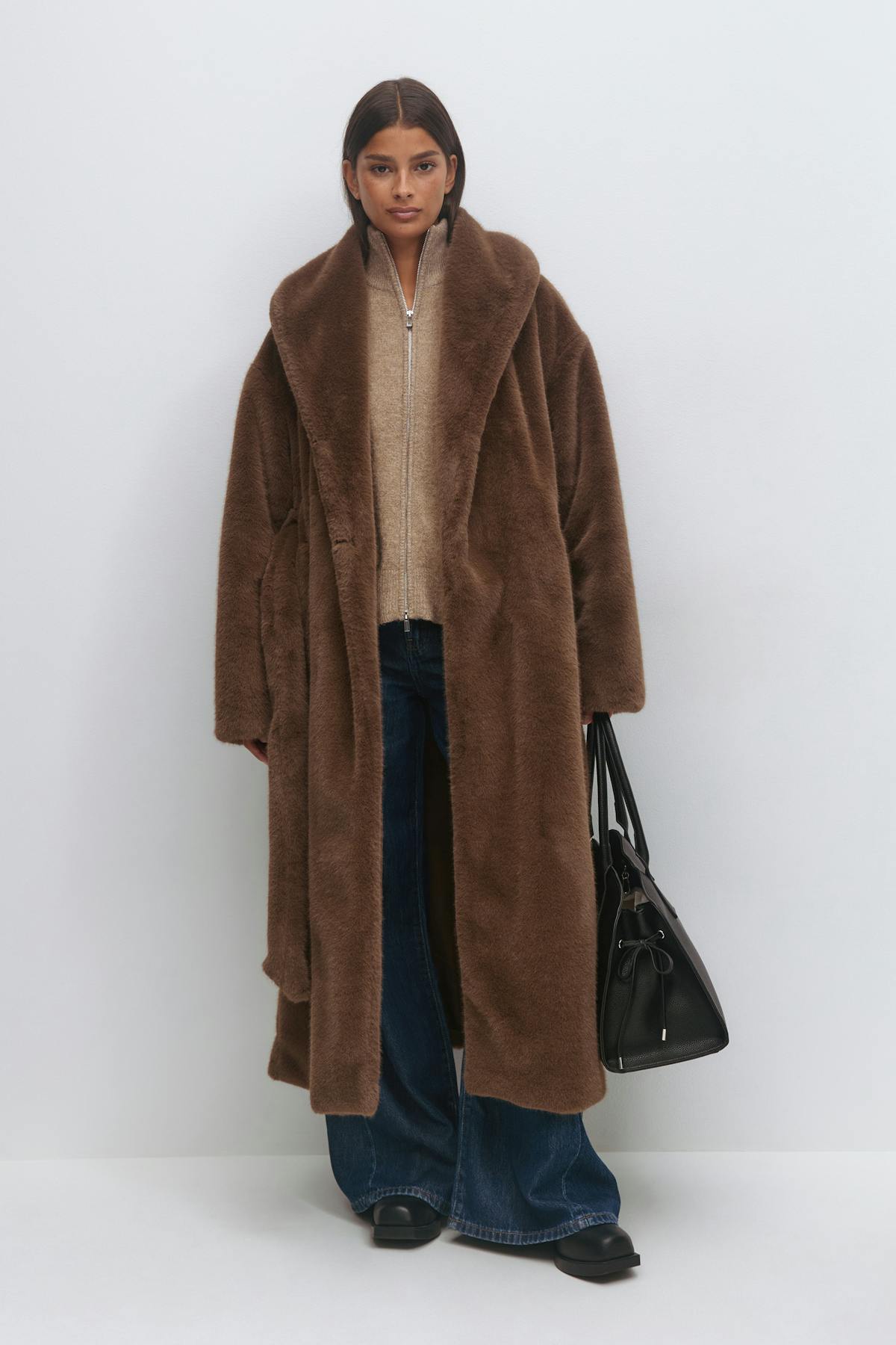 Faux fur belted long coat - Soft brown