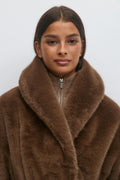 Faux fur belted long coat - Soft brown