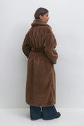 Faux fur belted long coat - Soft brown