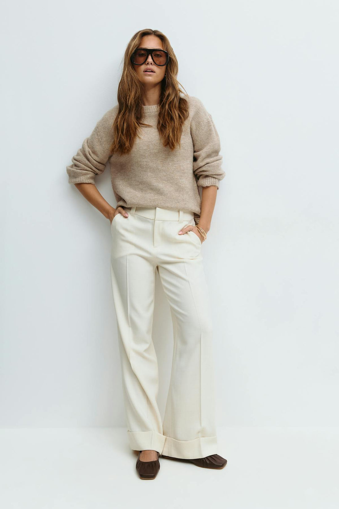 Mid waist wide trousers - Creme