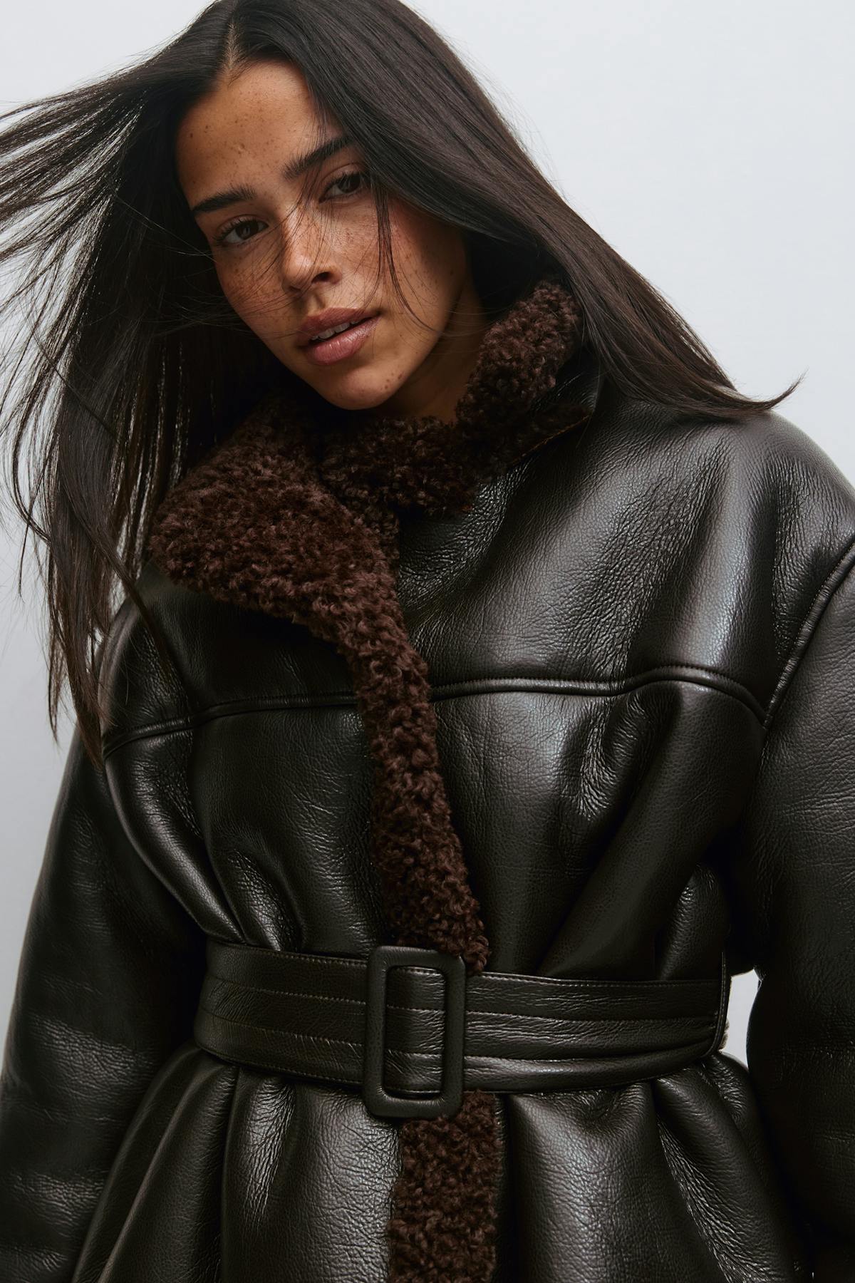 Teddy pu belted jacket - Black/grey