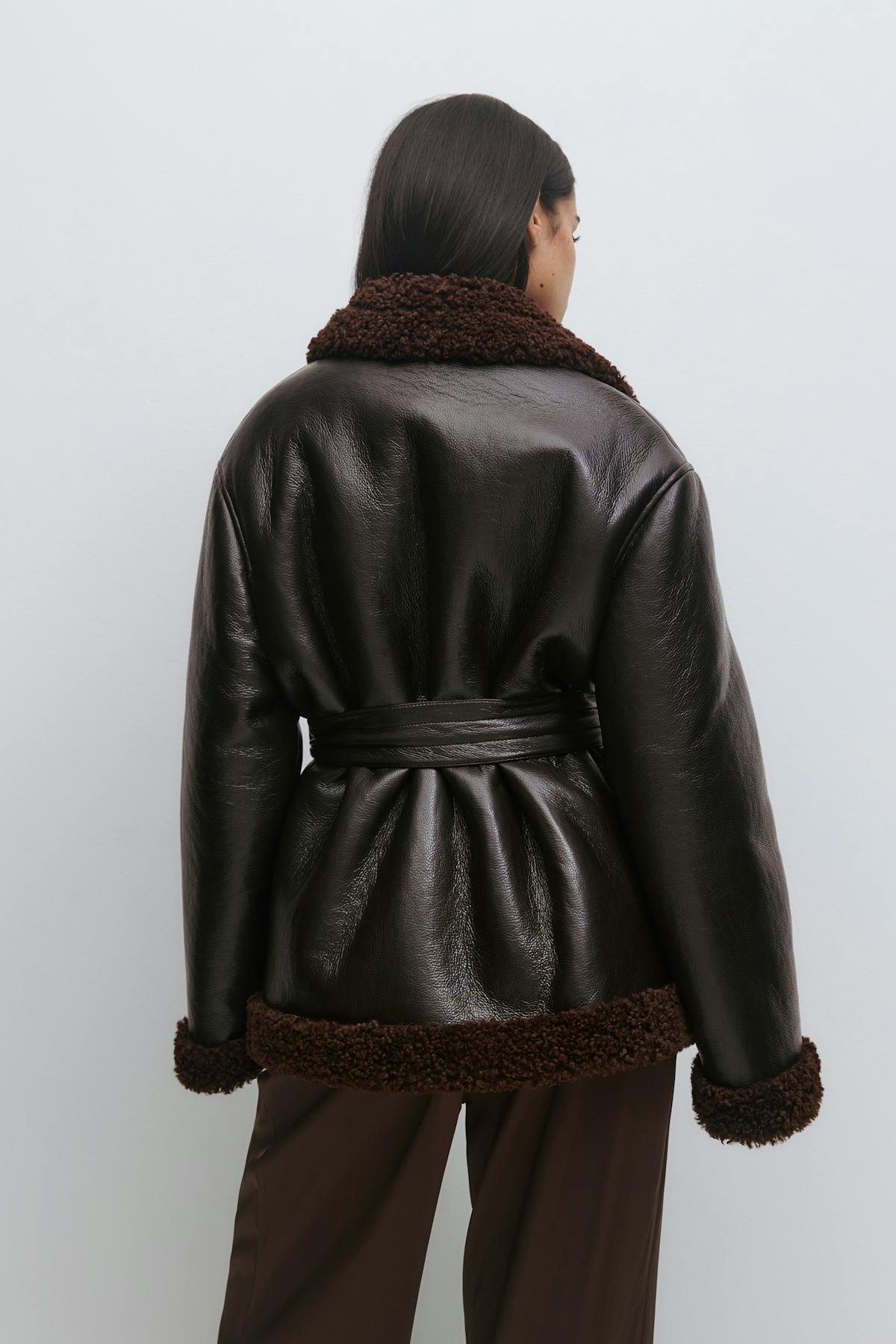 Teddy pu belted jacket - Brown/brown