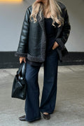 Teddy pu belted jacket - Black/grey