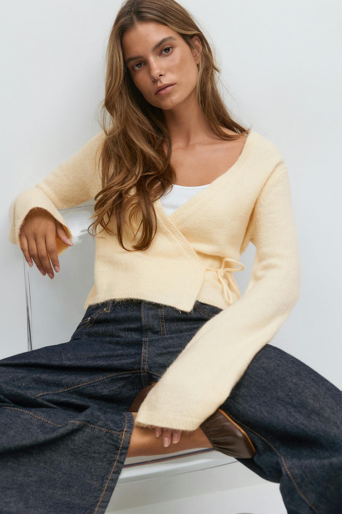 knitted wrap cardigan - Brown melange