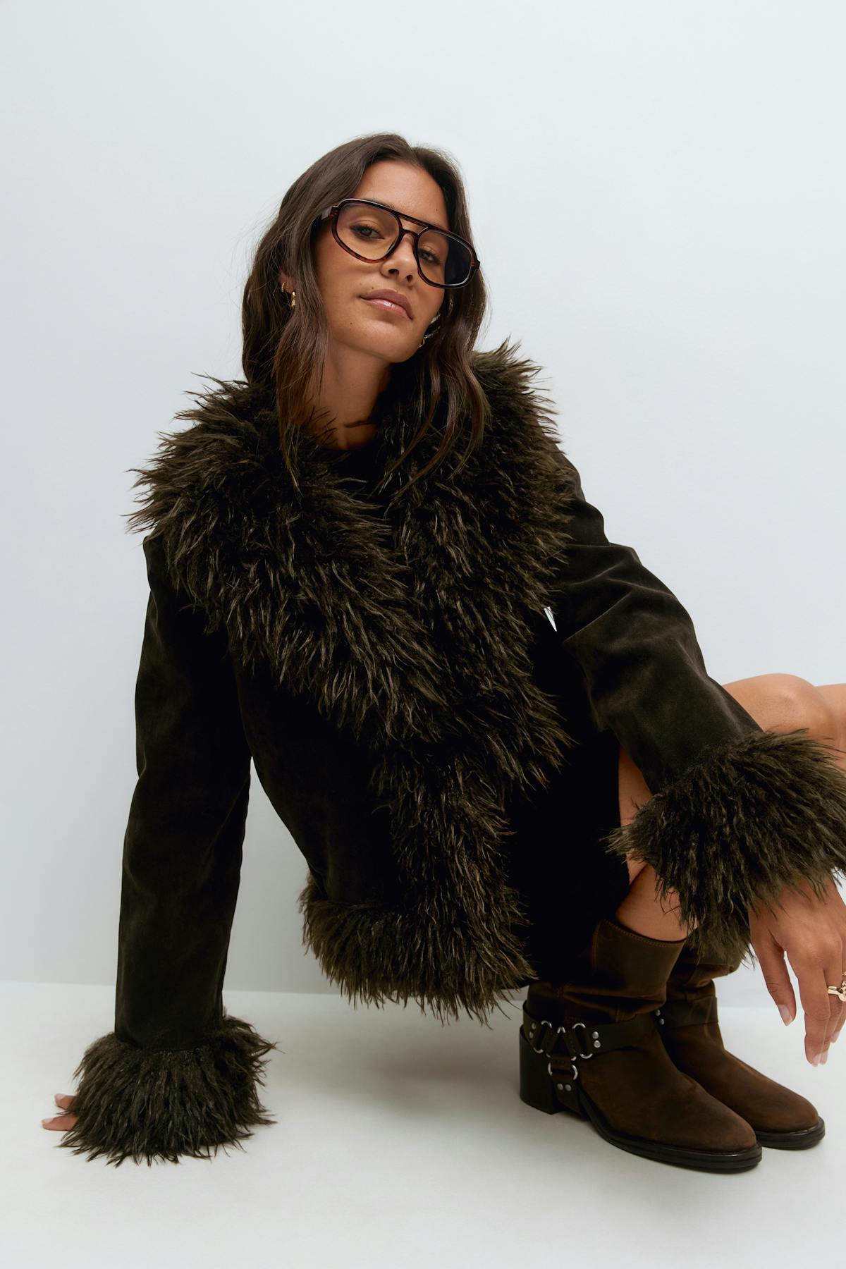 Faux suede fur jacket - Marron foncé