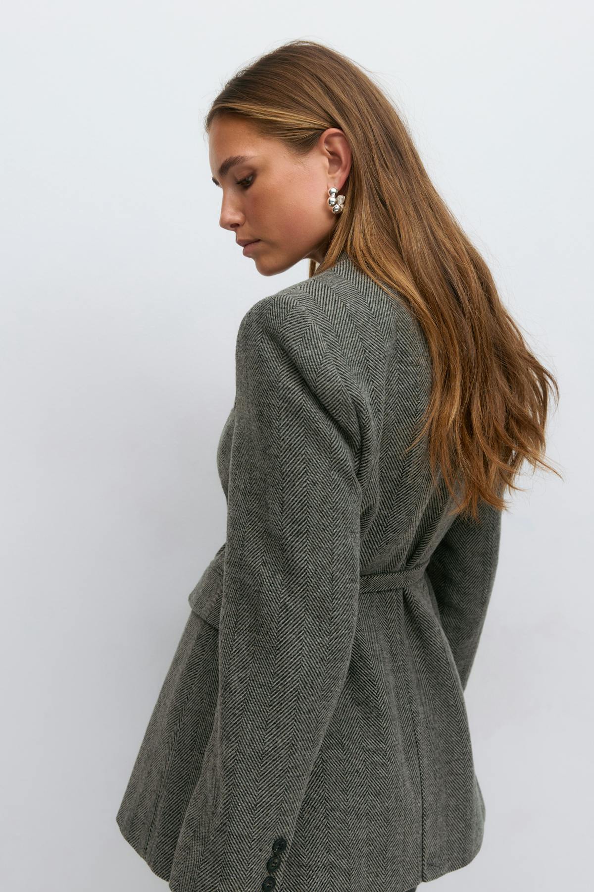 Herringbone belted blazer - Gris