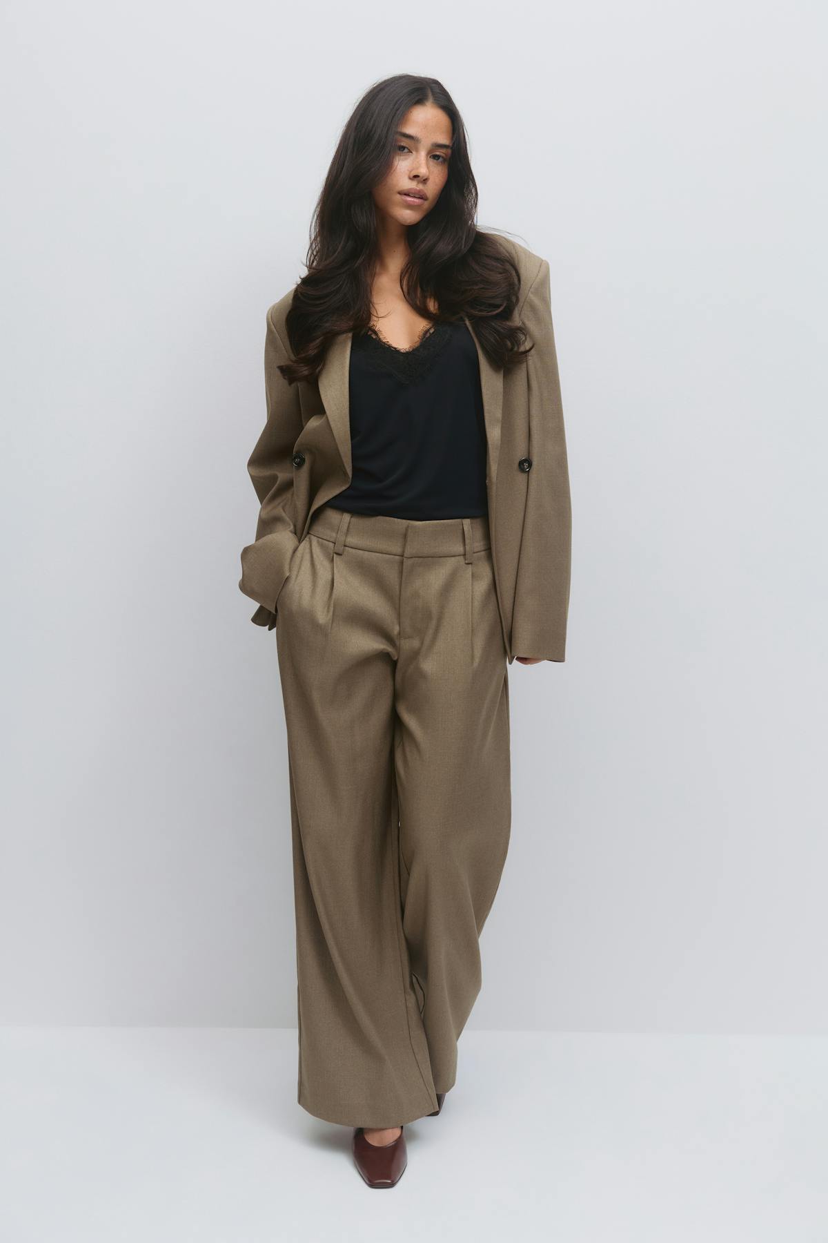 Low wide pleated trousers - Beige melange