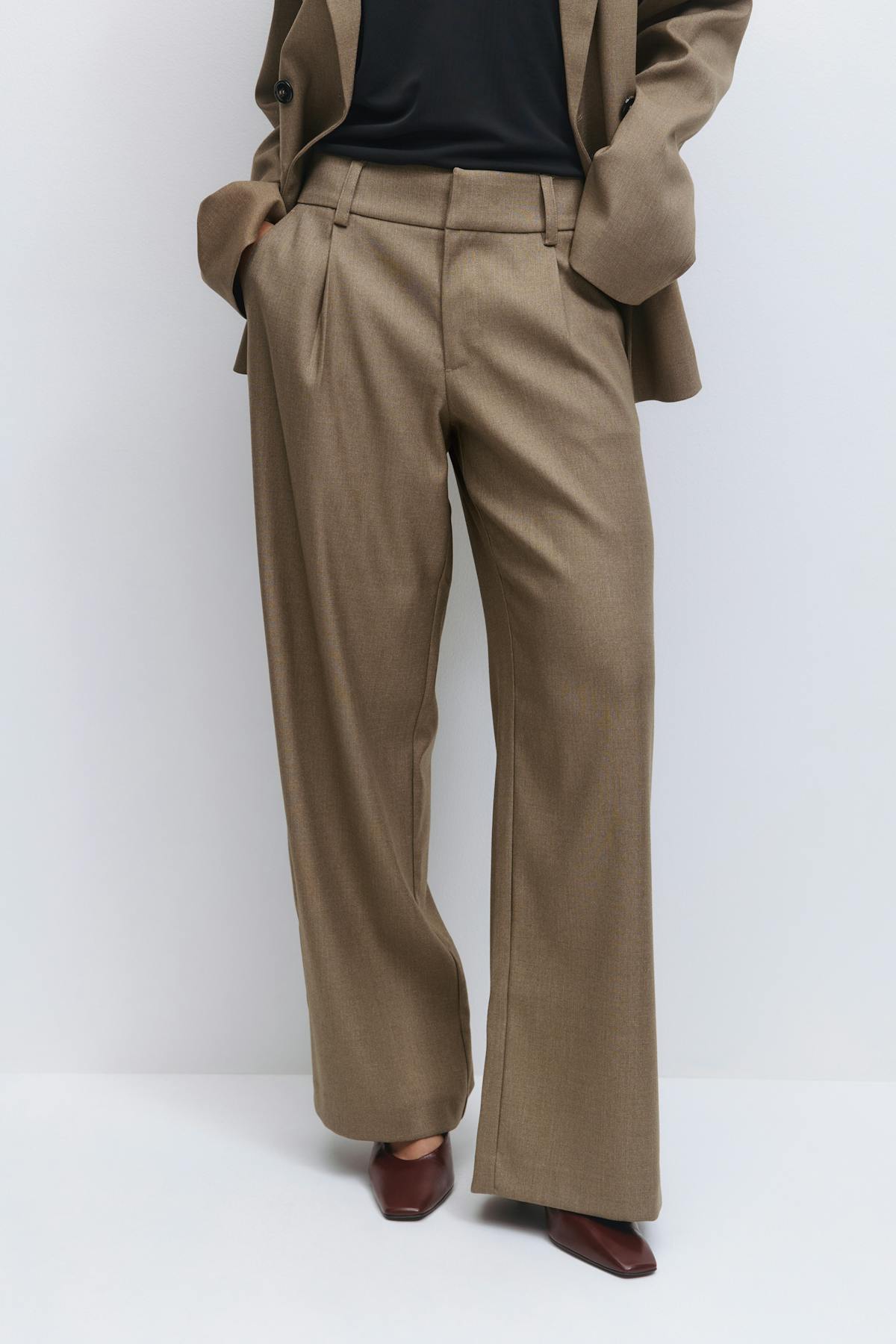 Low wide pleated trousers - Beige melange