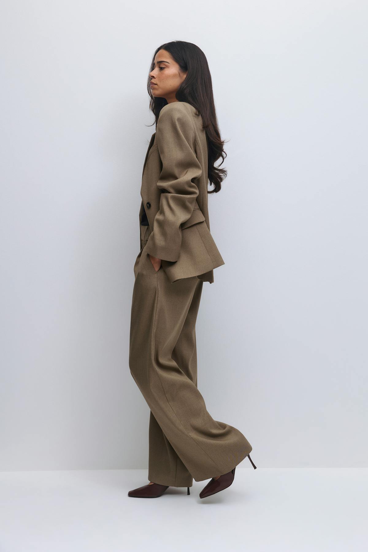 Low wide pleated trousers - Beige melange