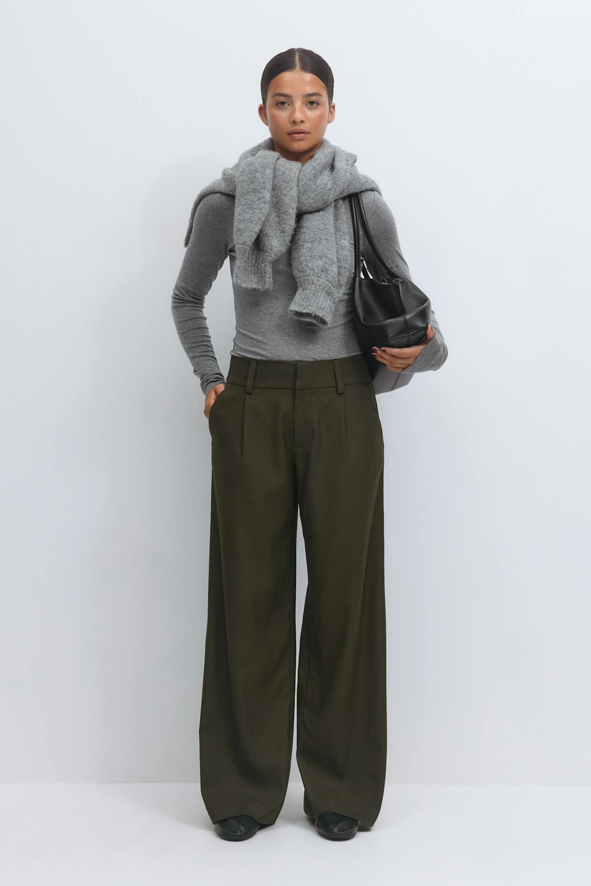 Low wide pleated trousers - Beige melange