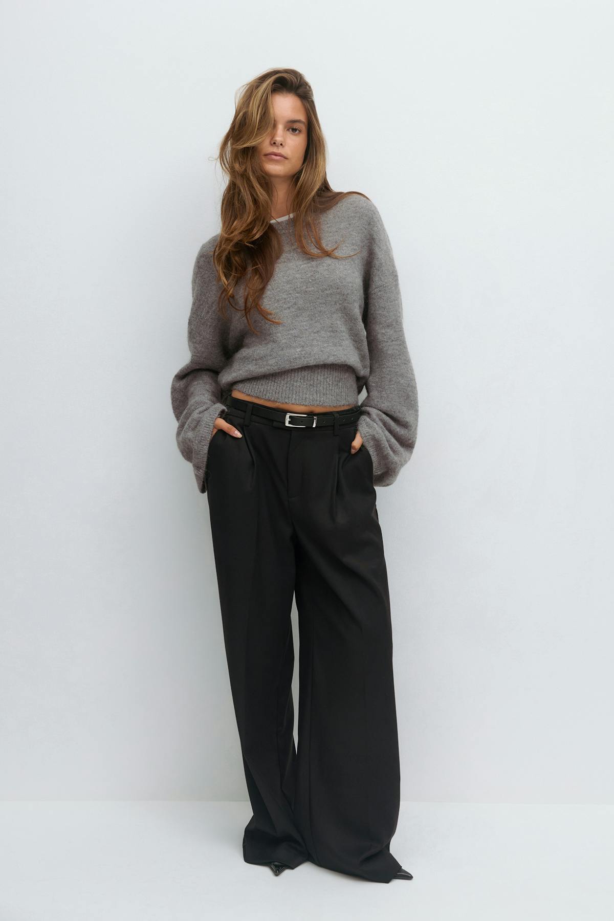 Wide sleeve knitted sweater - Mid grey mel