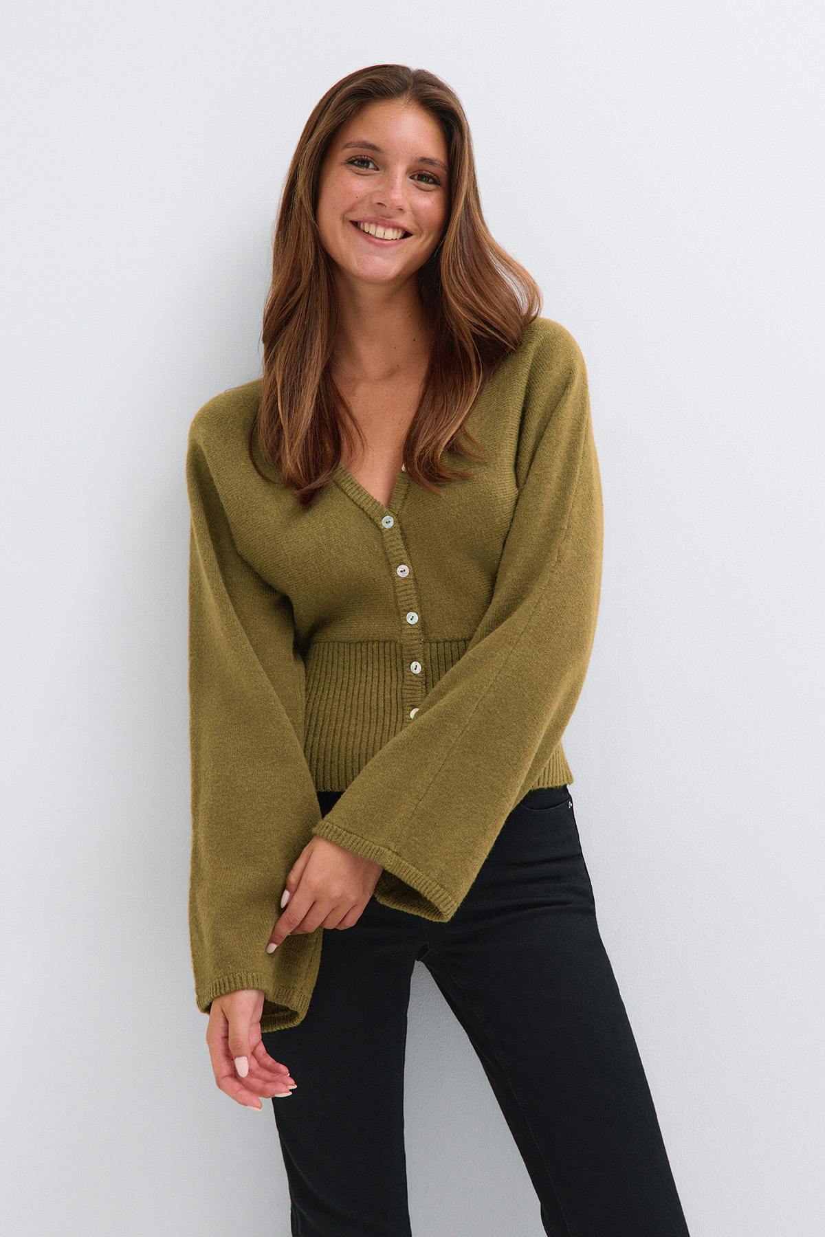 Fitted waist knitted cardigan - Bordeaux foncé