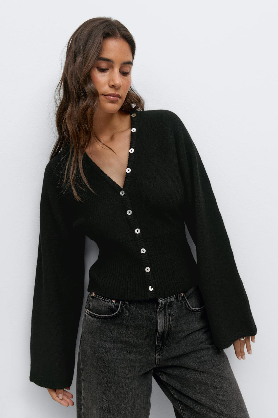 Fitted waist knitted cardigan - Noir