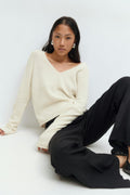 Loose v-neck knit sweater - Lt grey melange