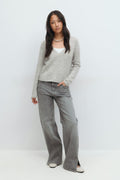 Loose v-neck knit sweater - Lt grey melange