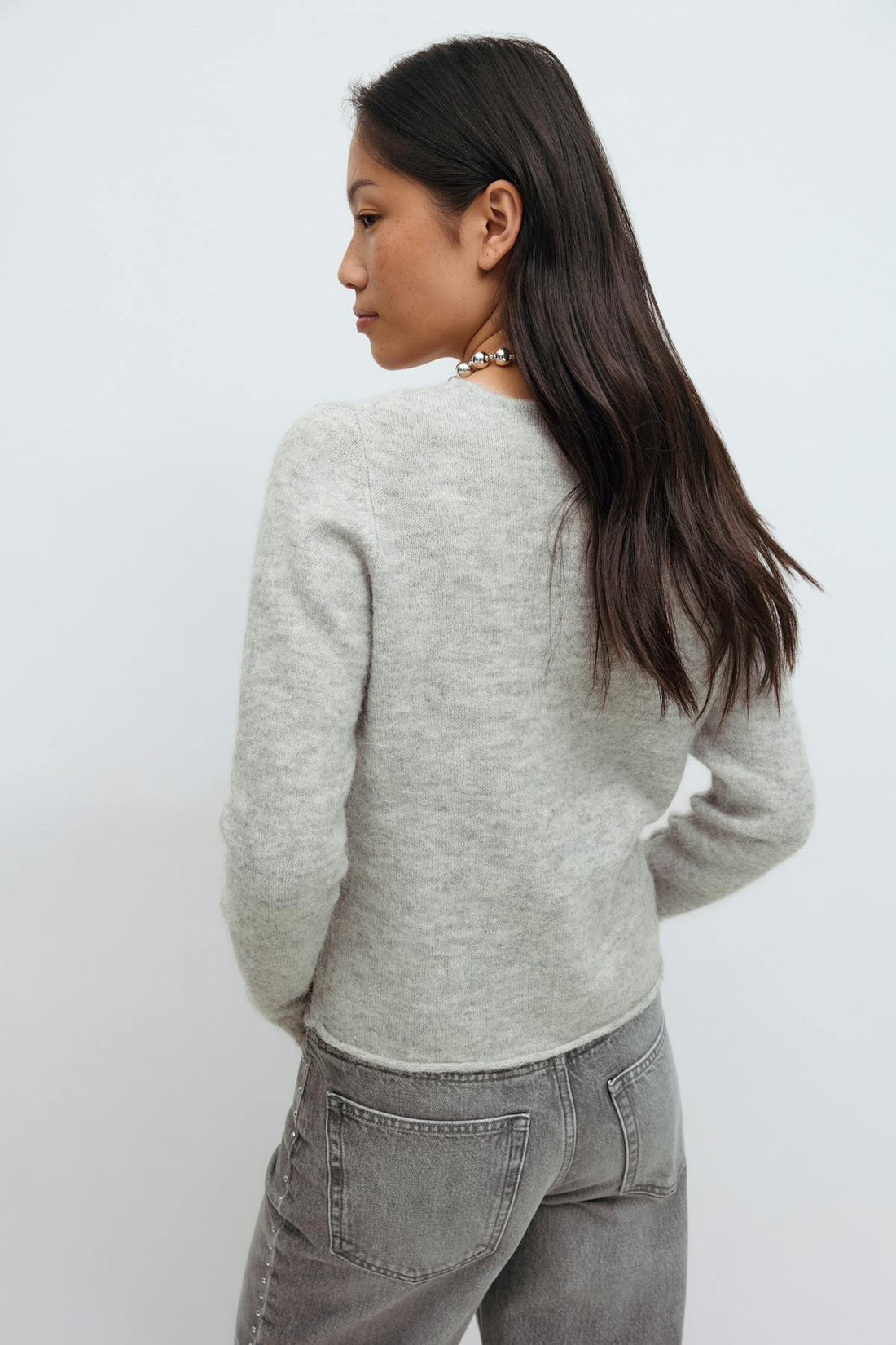 Loose v-neck knit sweater - Lt grey melange