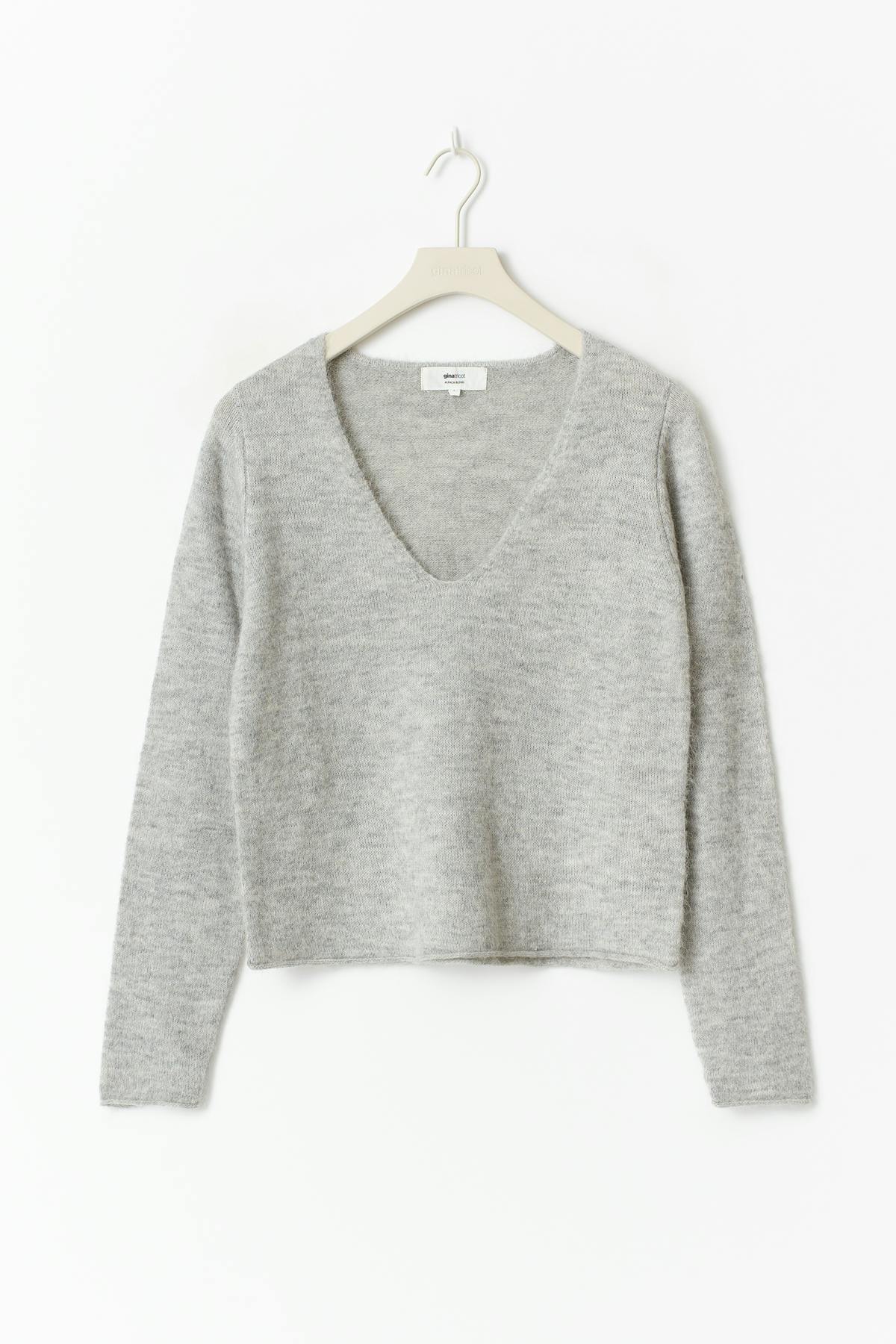 Loose v-neck knit sweater - Lt grey melange