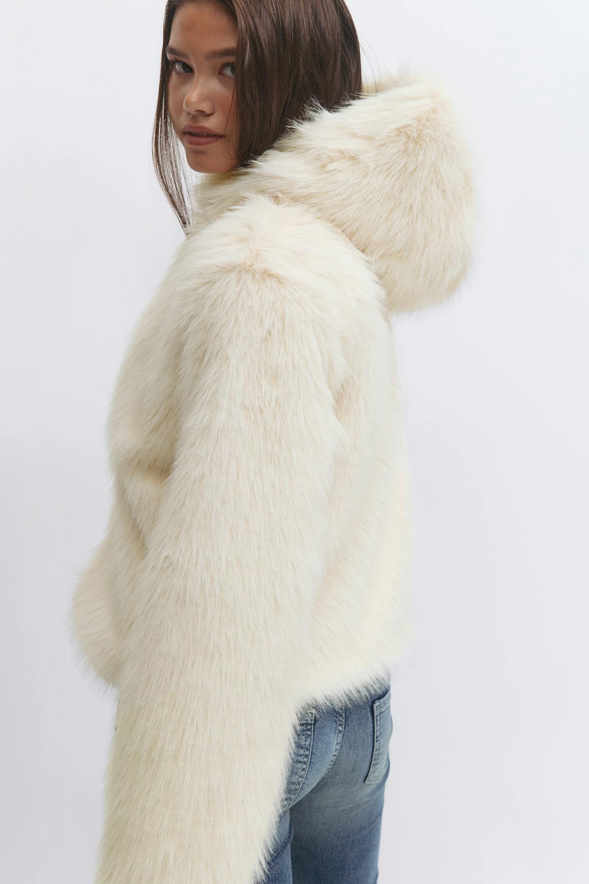 Y faux fur hood jacket - Beige clair