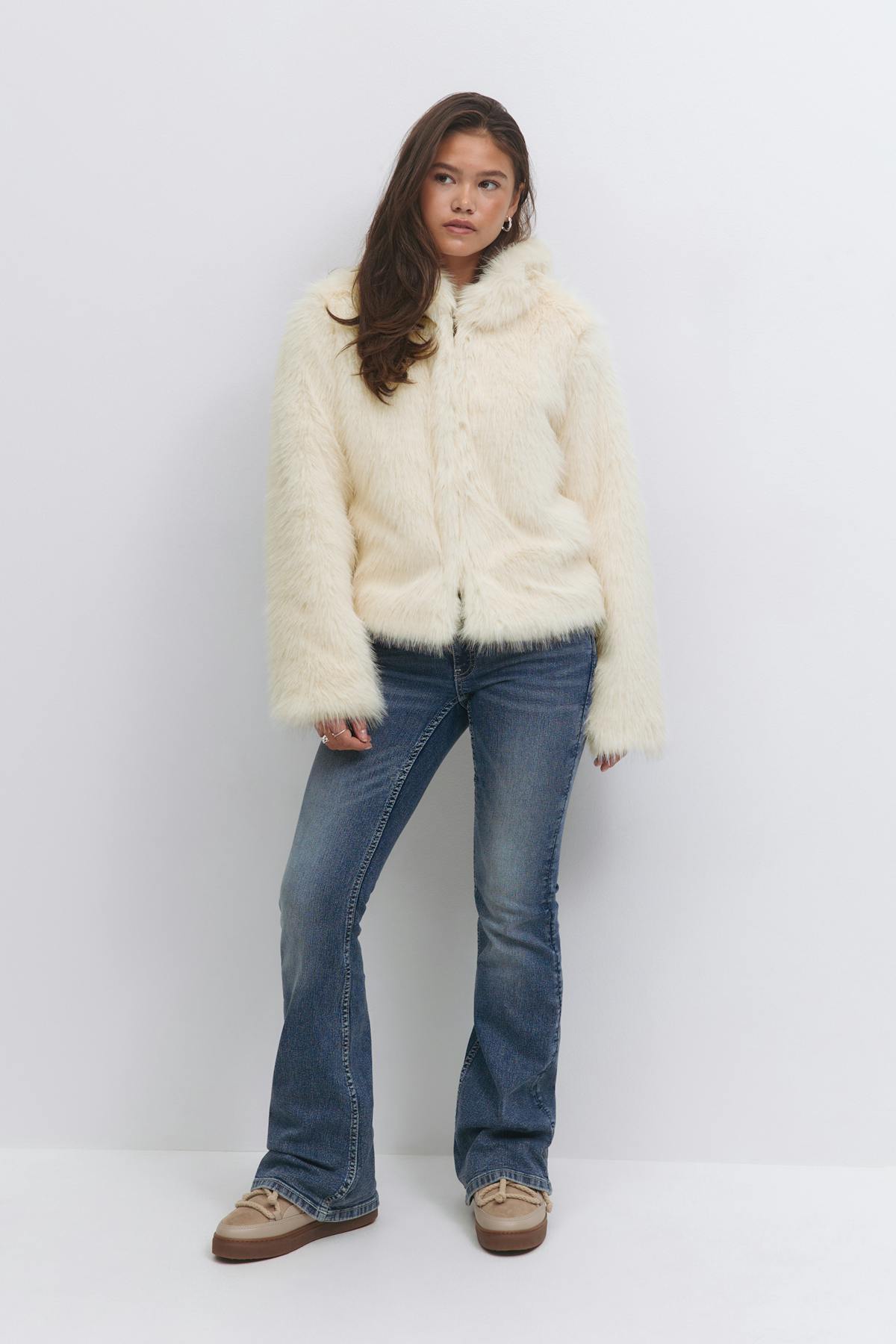 Y faux fur hood jacket - Beige clair