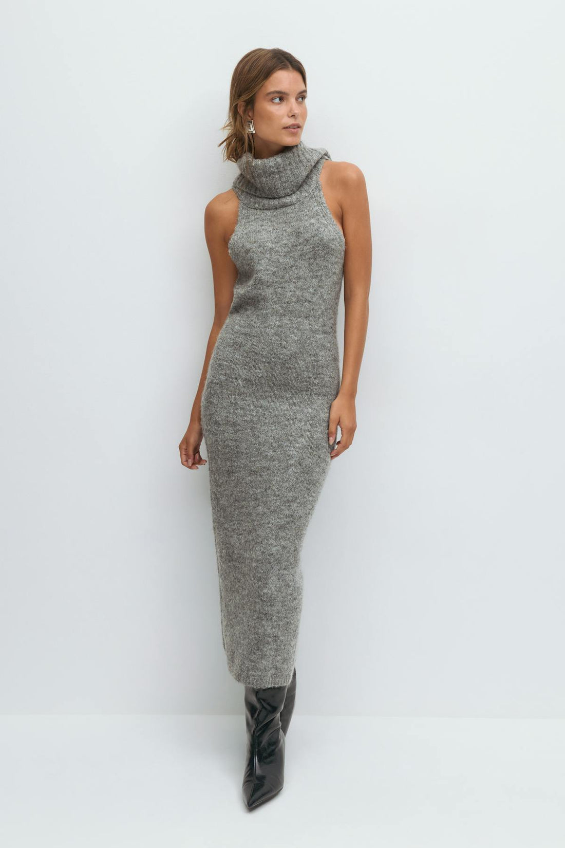 Sleeveless polo knitted dress - Mid grey mel