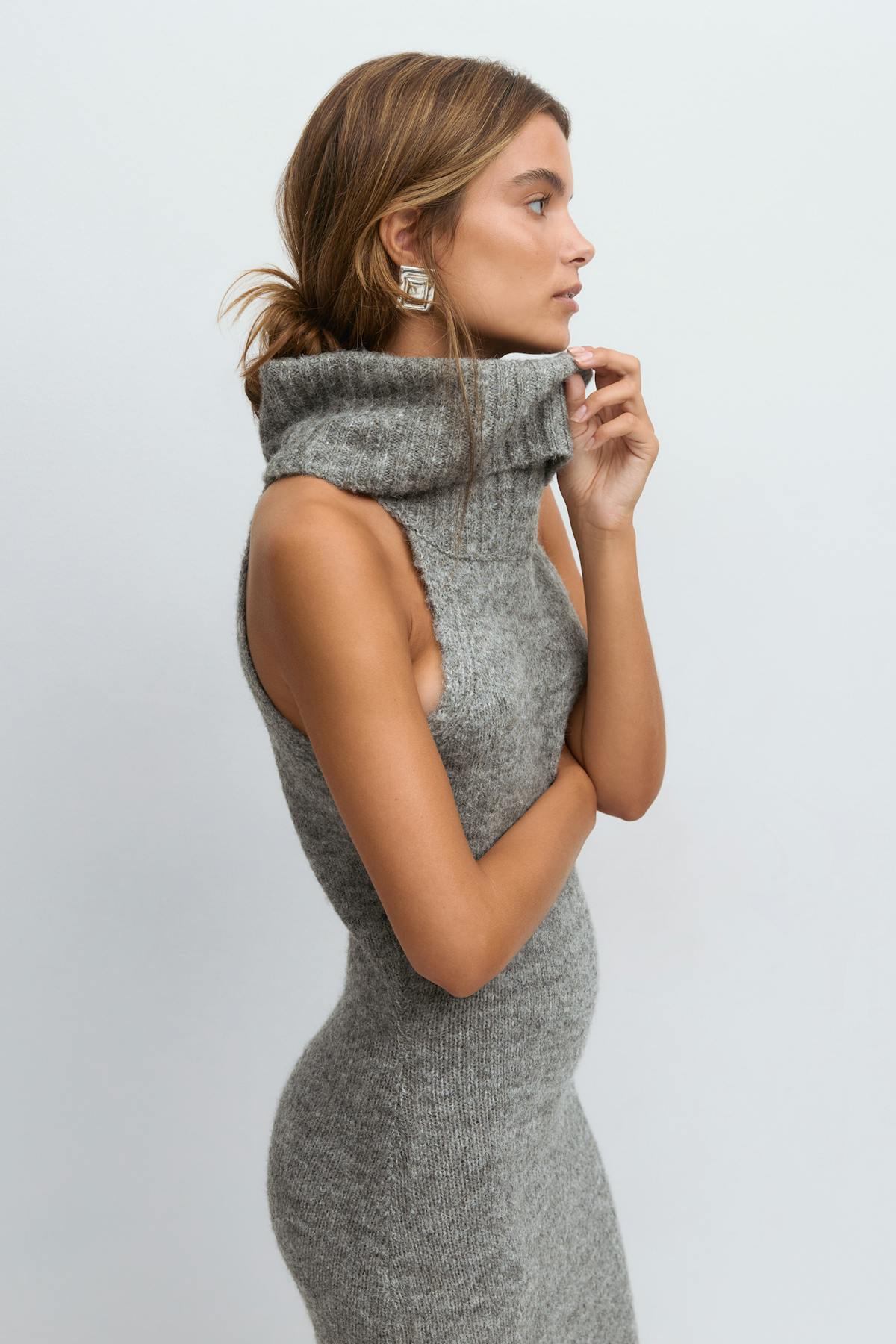 Sleeveless polo knitted dress - Mid grey mel