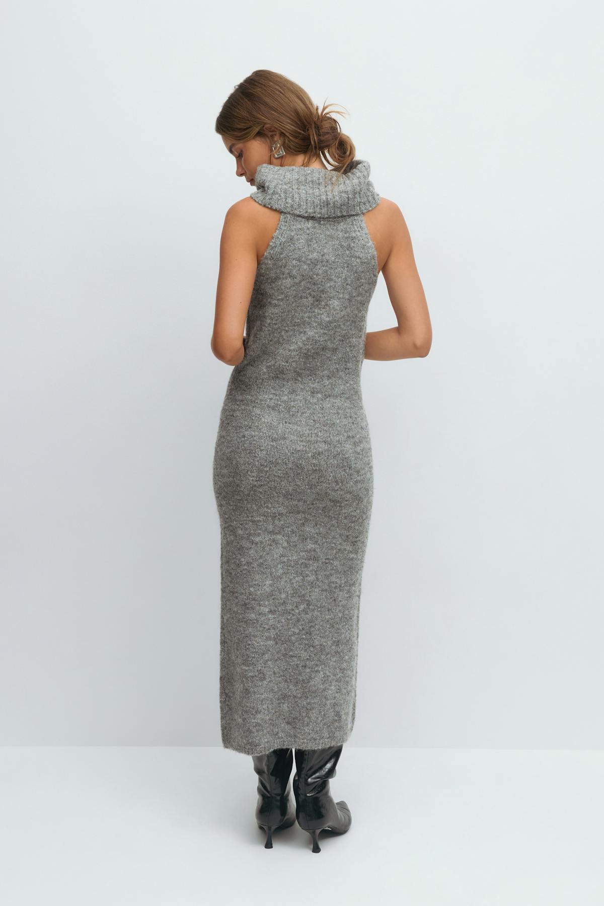 Sleeveless polo knitted dress - Mid grey mel