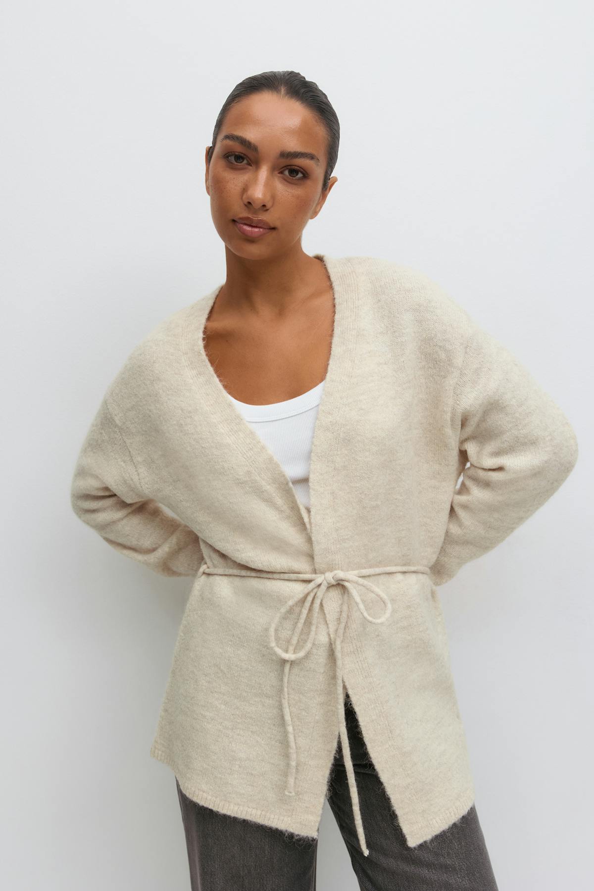 Mid knitted wrap cardigan - Oat melange