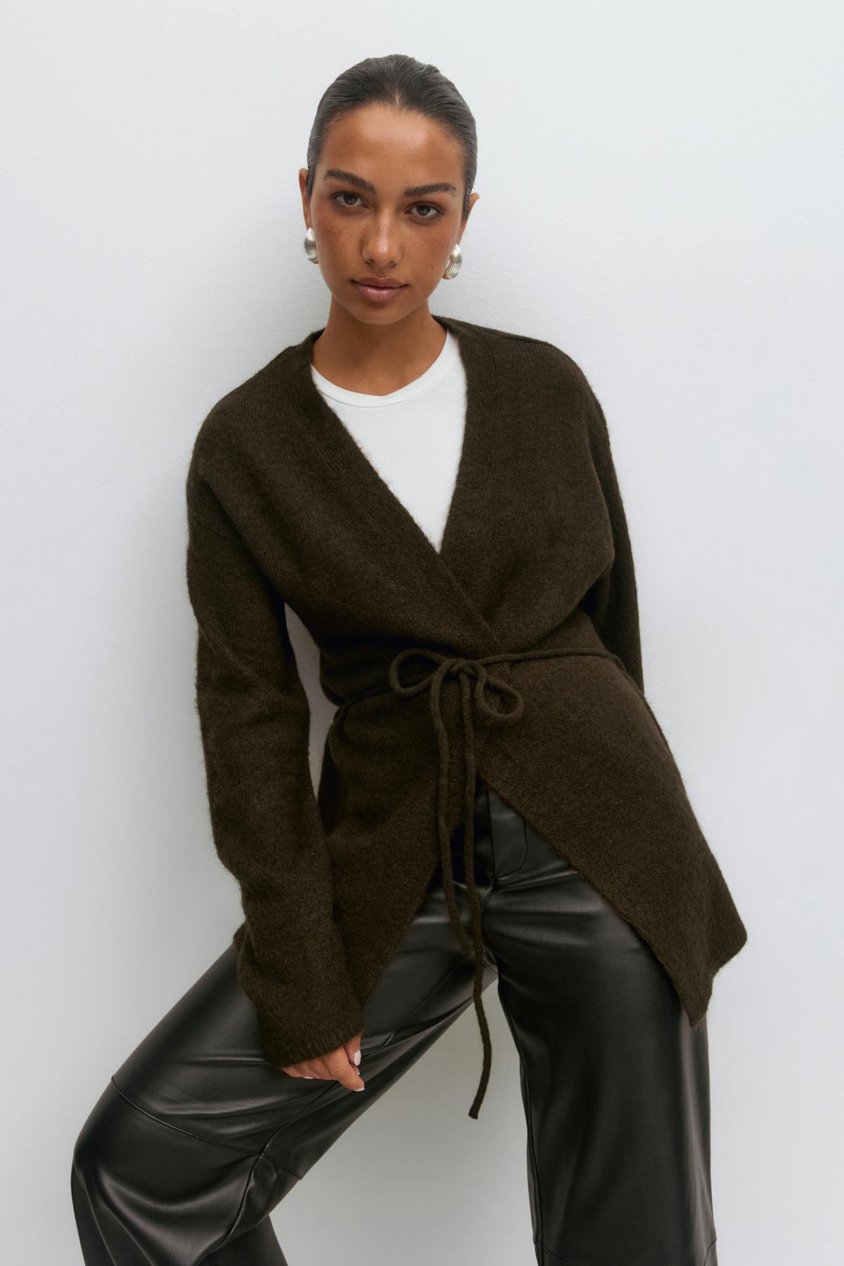 Mid knitted wrap cardigan - Chocolate brown